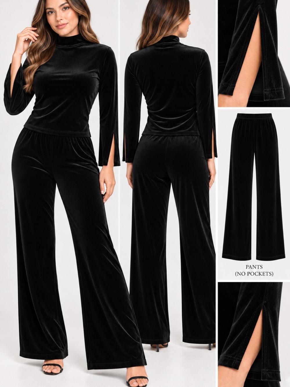 Black Velvet Wide-Leg Pants & Top Set - Elegant Split-Sleeve Jumpsuit Look